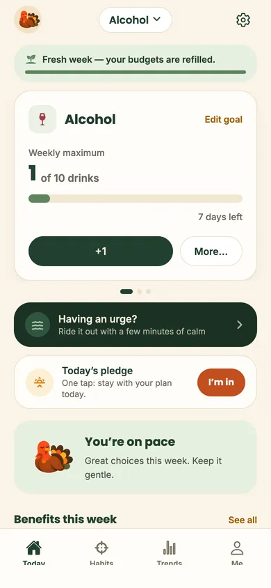 Warm Turkey’s Today screen: an alcohol budget of 10 drinks a week with 1 logged, an urge tool, a daily pledge and a calm ‘You’re on pace’ message
